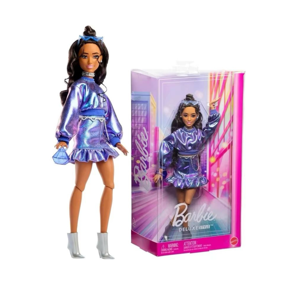 Mattel Barbie Deluxe Style Fashion Doll In Metallic Blue Top And Skirt With Accessories, Brunette