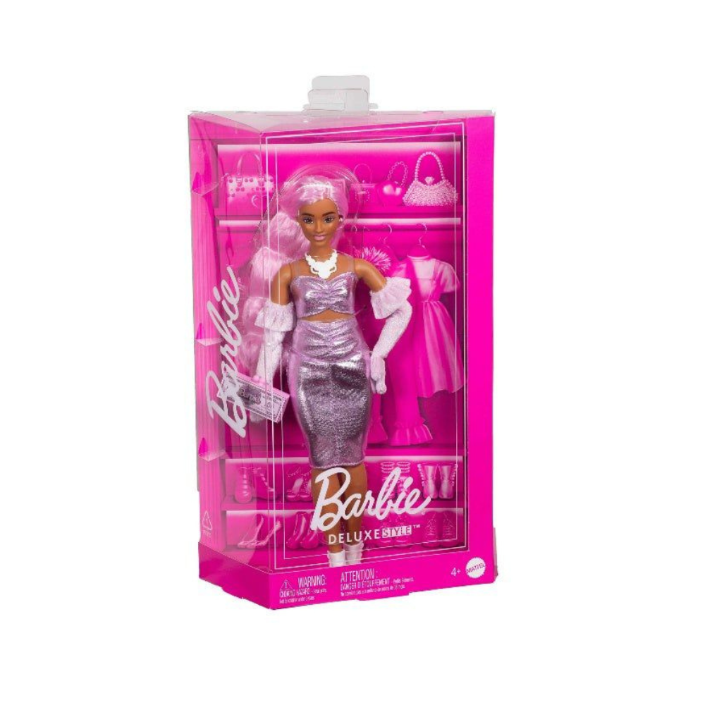 Barbie Deluxe Style Doll In Glossy Pink Barbie core Dress With Velvet Gloves, Pink Hair With Money
