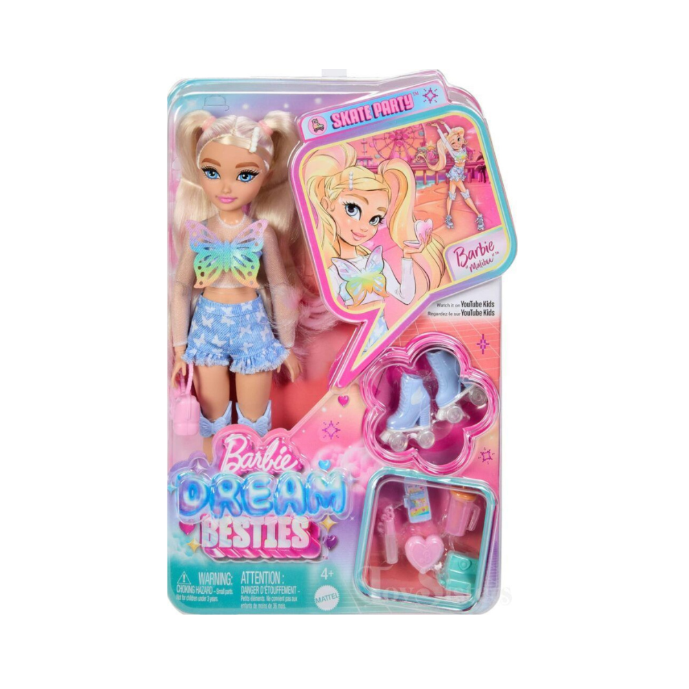 Mattel Dream Besties Barbie “Malibu” Roller Skating Fashion Doll With 9 Makeup Themed Accessories