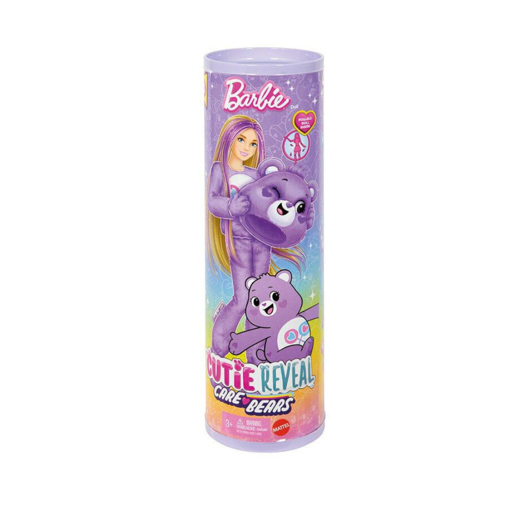Mattel Barbie Cutie Reveal Care Bears Series Doll & Accessories in Share Bear Plush Costume, 10 Surprises Purple