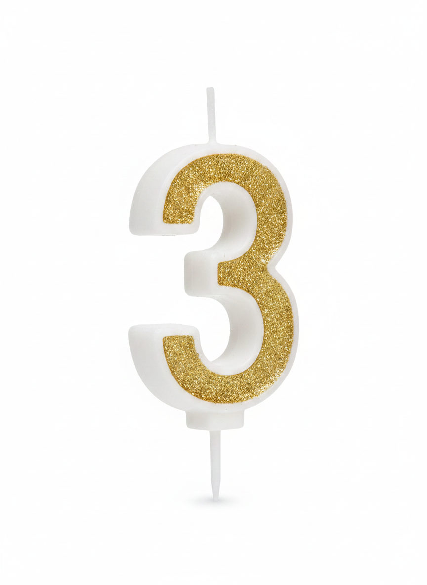 ASKAR CANDELD Party Gold Glitter Number 3 Birthday Candle