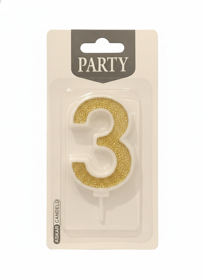 ASKAR CANDELD Party Gold Glitter Number 3 Birthday Candle