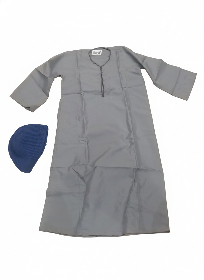 Al-Khalil Boys' Traditional Grey Thobe & Blue Kufi Set ( Size 5 ) Costume