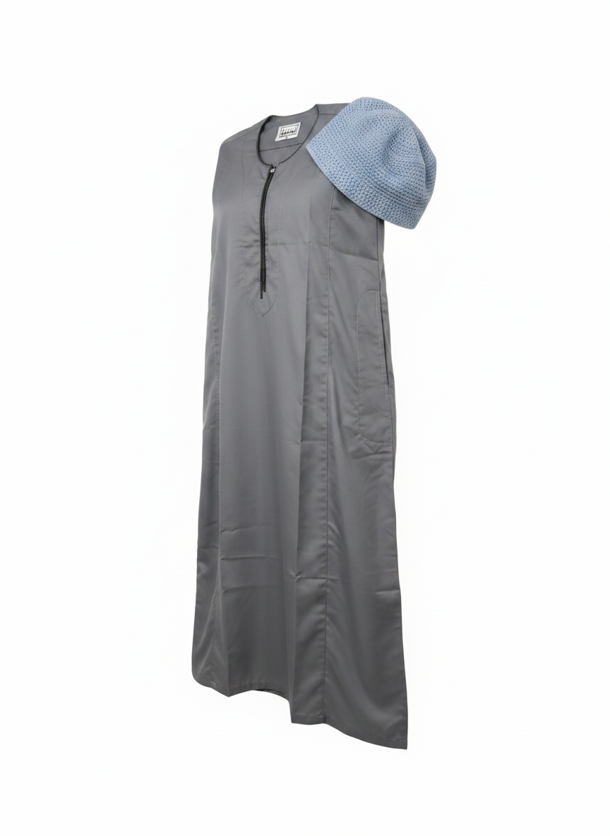 Al-Khalil Grey Thobe with Matching Kufi ( Size 5 ) Costume