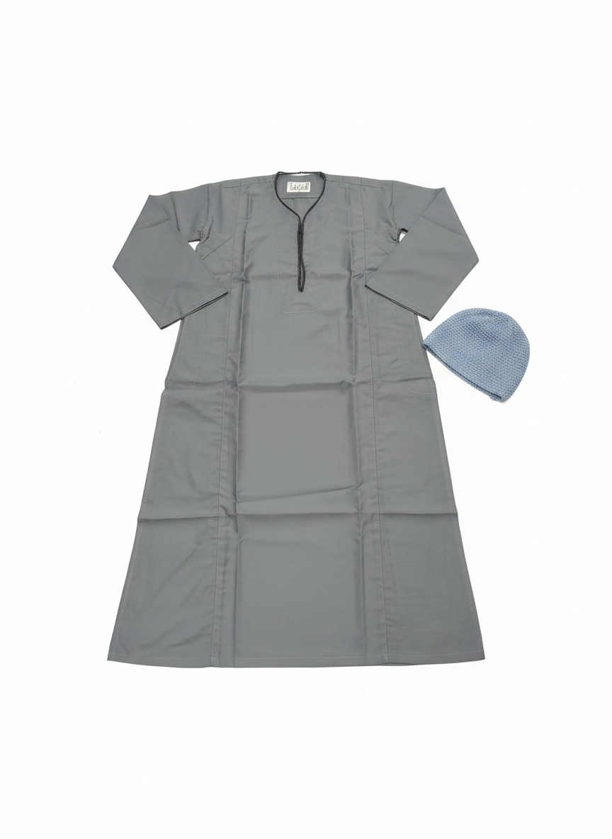 Al-Khalil Grey Thobe with Matching Kufi ( Size 5 ) Costume