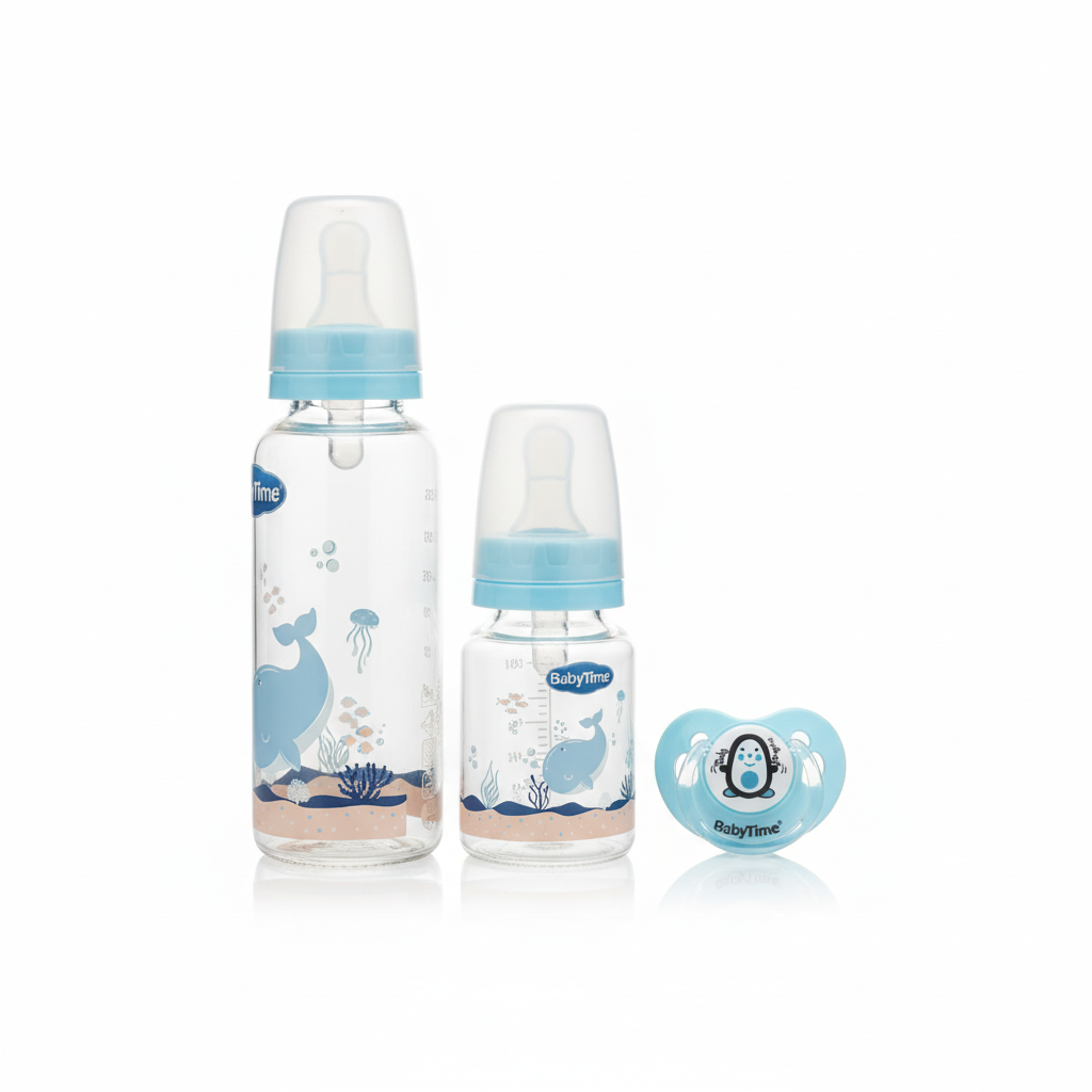 BabyTime 3-in-1 Glass Feeding Bottle and Pacifier Set