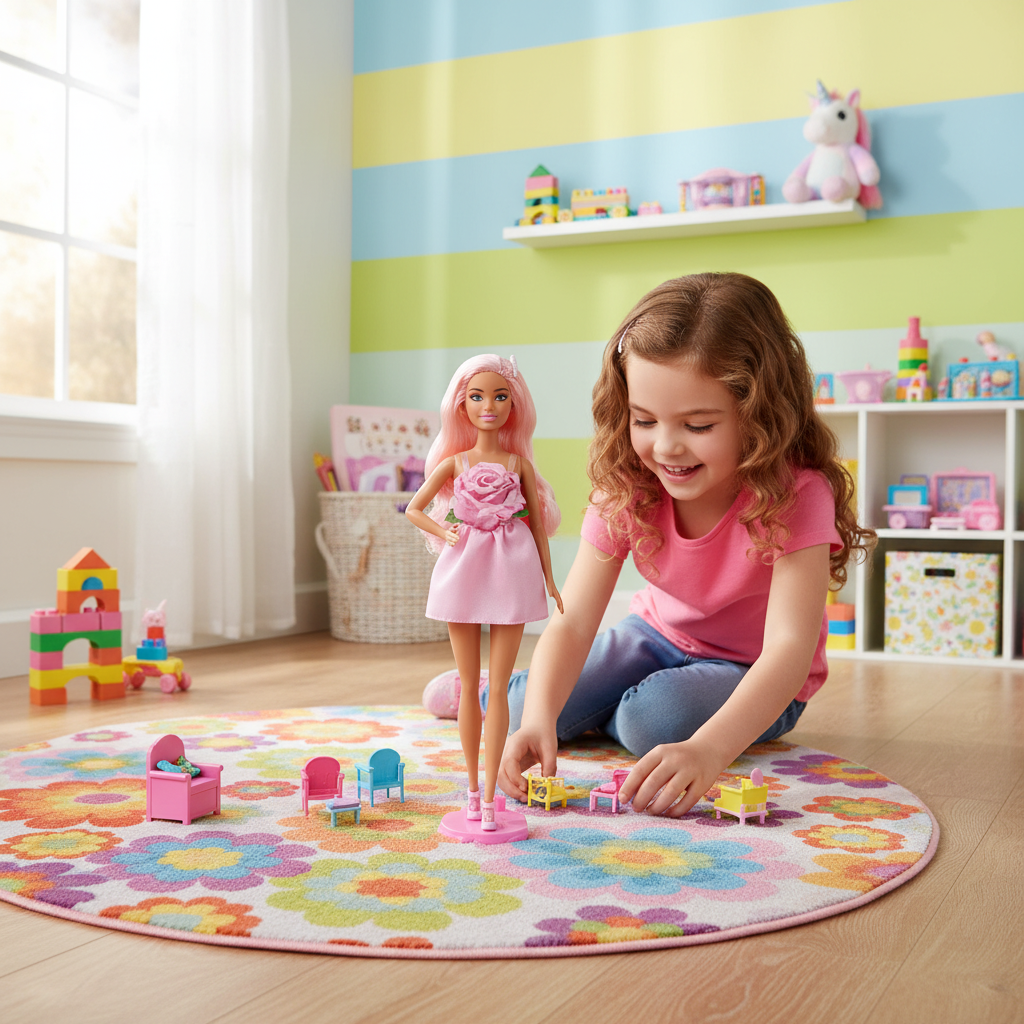 Barbie Doll with Pink Hair and Rose Dress