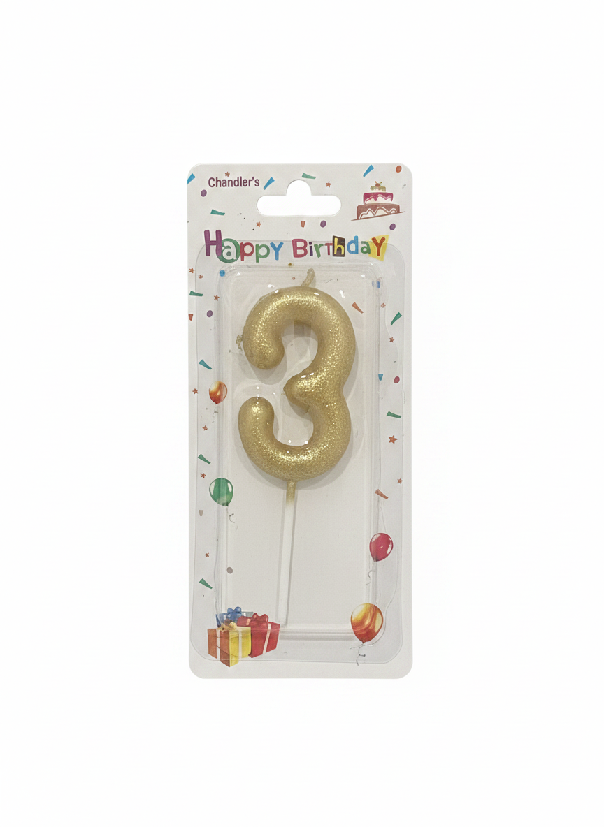 Chandler's Happy Birthday Gold Glitter Number 3 Candle