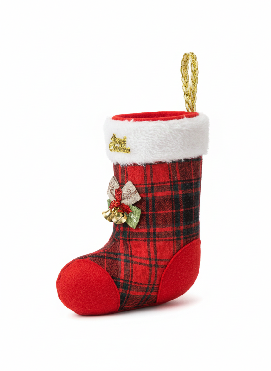 Festive Plaid Christmas Stocking with 'Merry Christmas' Charm & Jingle Bells For Candy