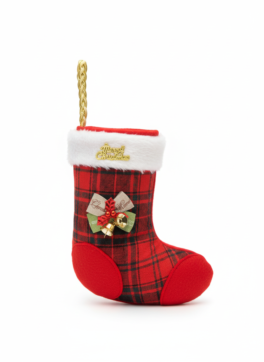 Festive Plaid Christmas Stocking with 'Merry Christmas' Charm & Jingle Bells For Candy