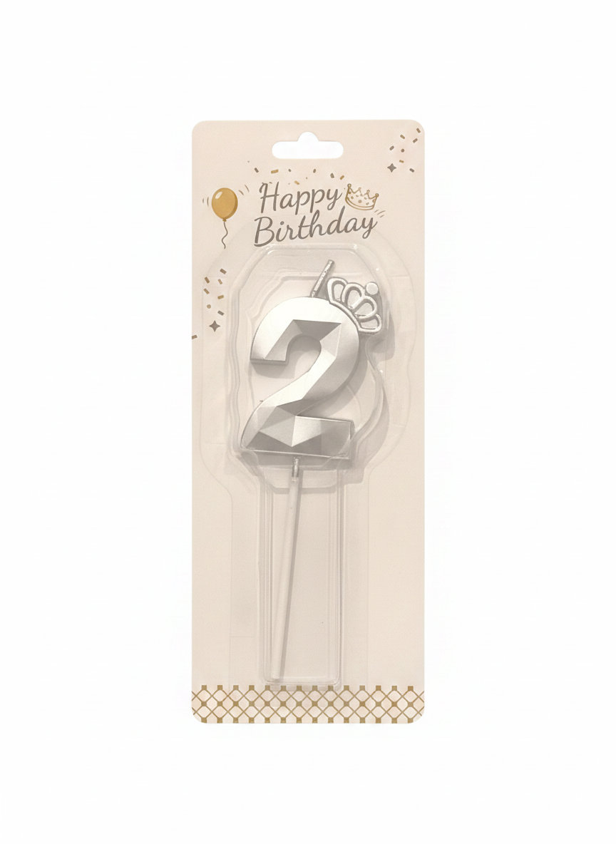 Happy Birthday Silver Crown Number 2 Candle
