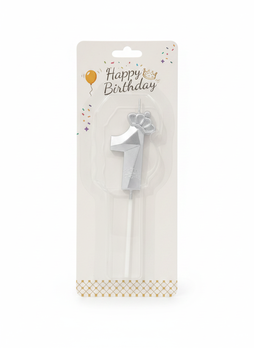Happy Birthday Silver Number 1 Crown Candle