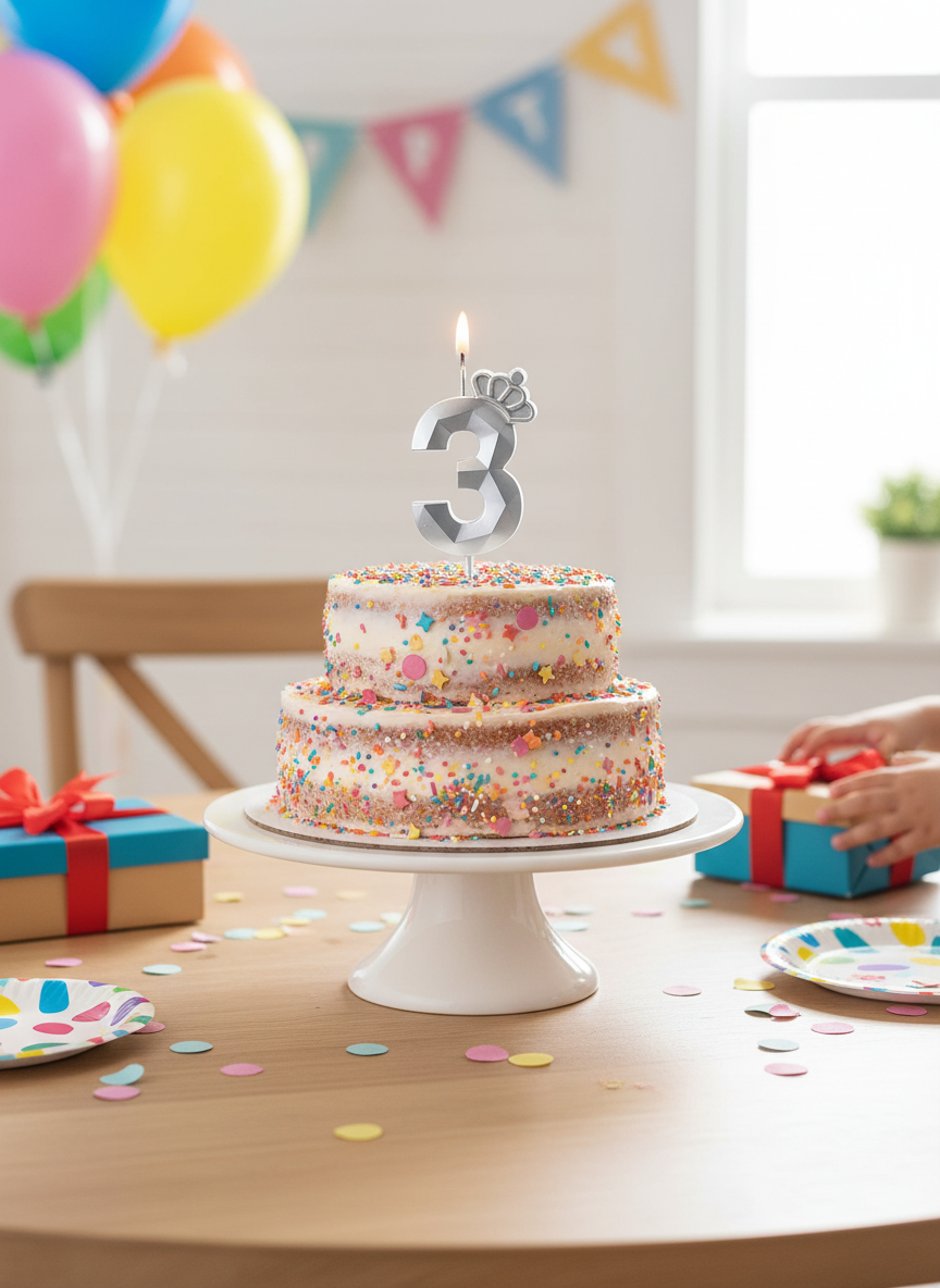 Happy Birthday Silver Number 3 Crown Candle