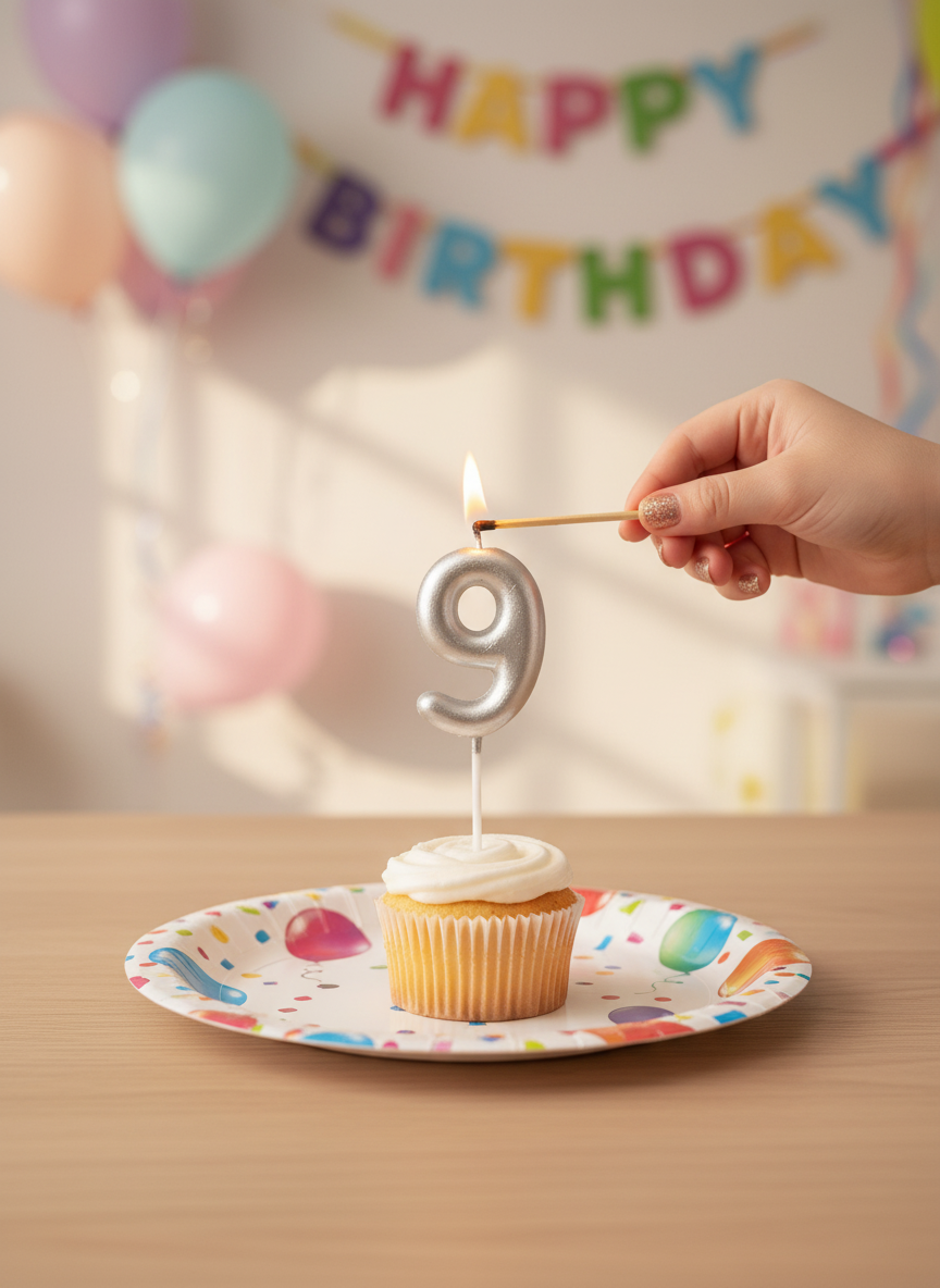 Happy Birthday Silver Number 9 Candle