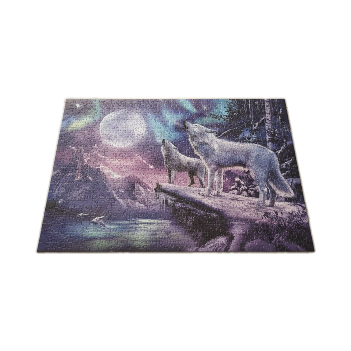 Jigsaw Puzzle: Wolves Howling Under Aurora Moon