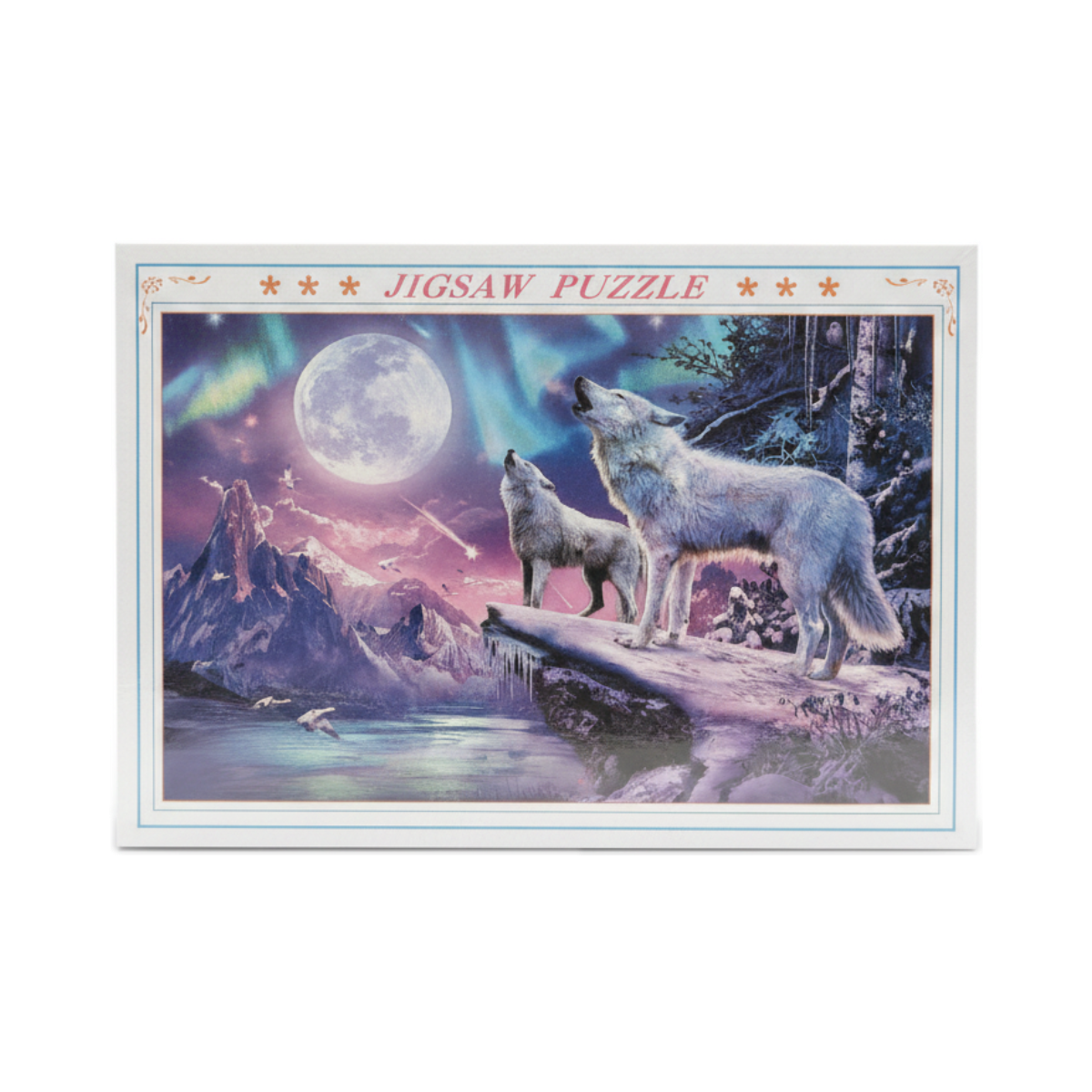 Jigsaw Puzzle: Wolves Howling Under Aurora Moon