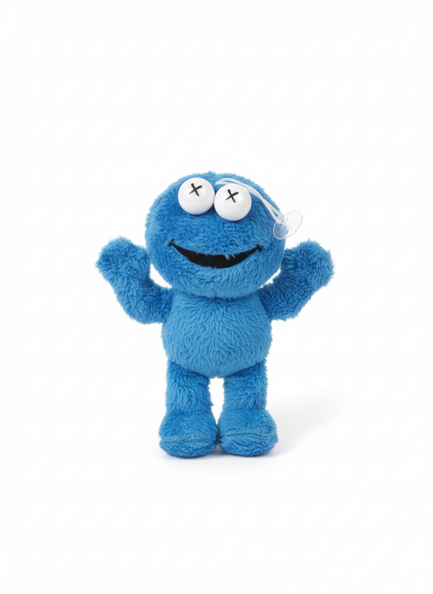 KAWS-Inspired Blue Fluffy Monster Plush Charm with Suction Cup 25 Cm