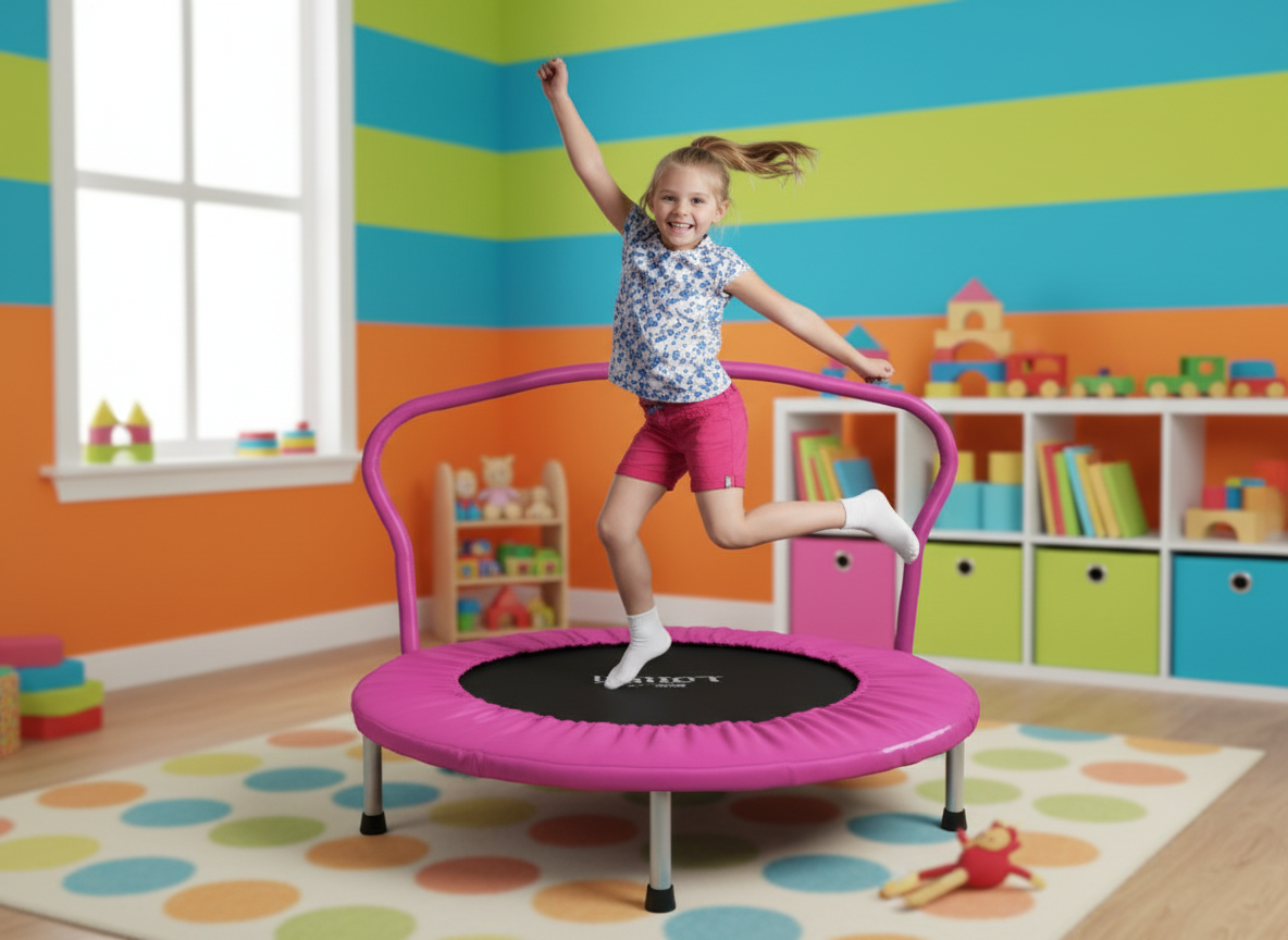 Pink Kids Mini Trampoline with Safety Handlebar