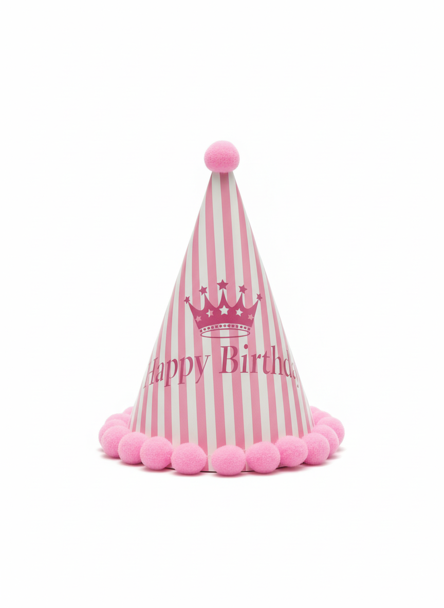 Pink Striped Happy Birthday Crown Party Hat