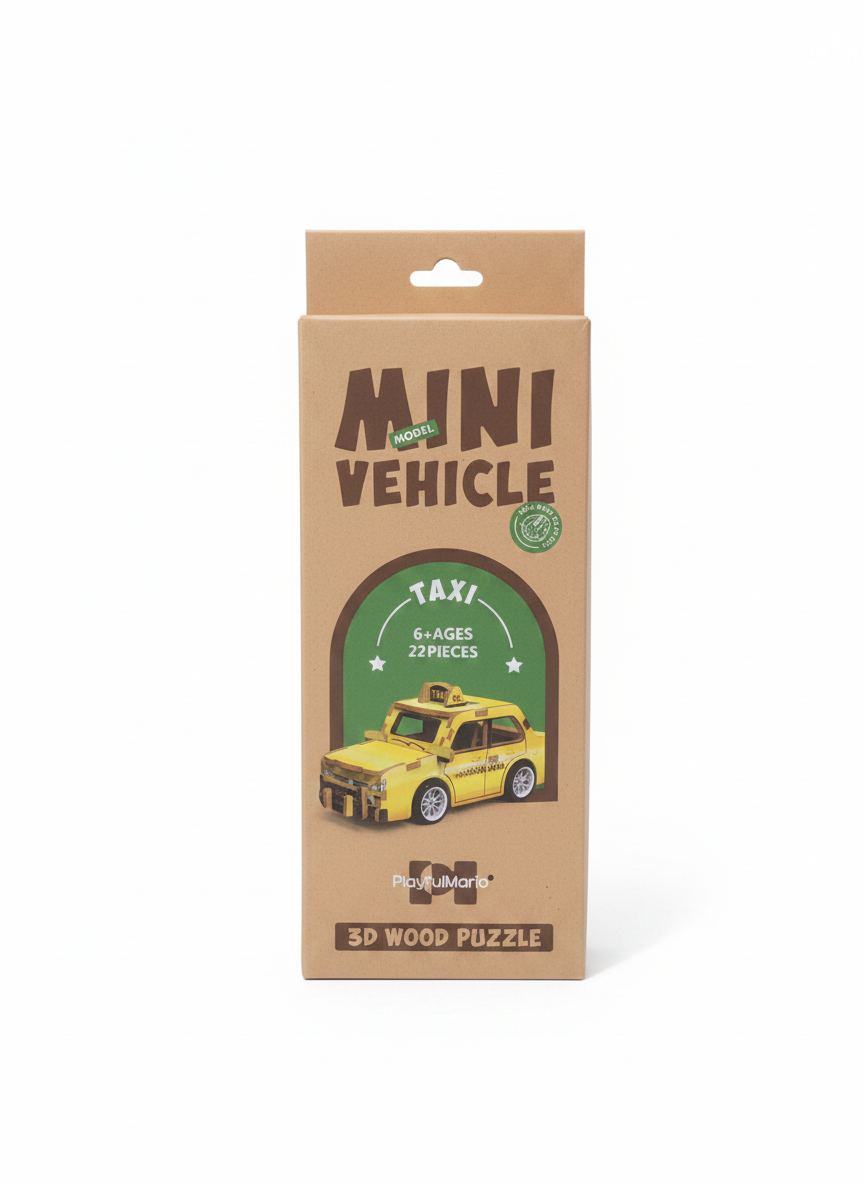 PlayfulMario Mini Model Vehicle 3D Wood Puzzle - Taxi