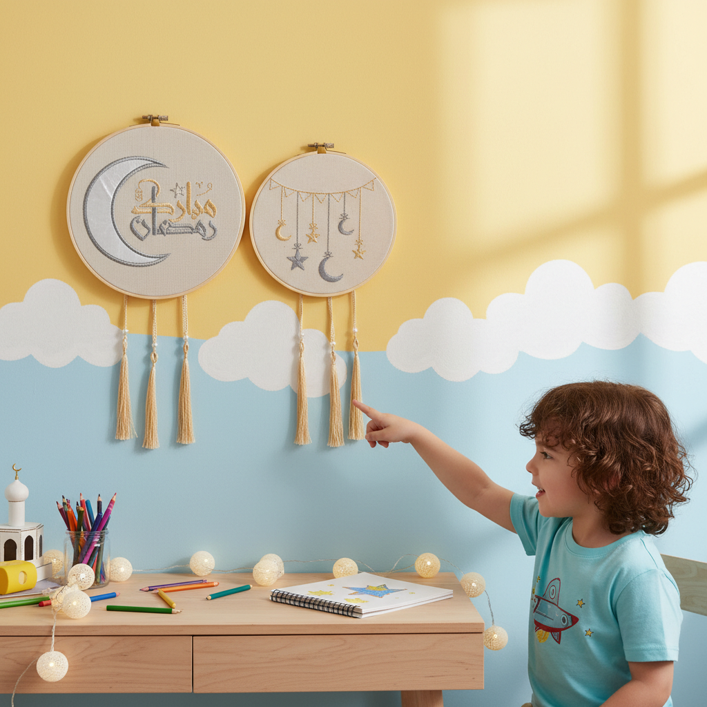 Ramadan Mubarak & Celestial Embroidered Hoop Decor Set