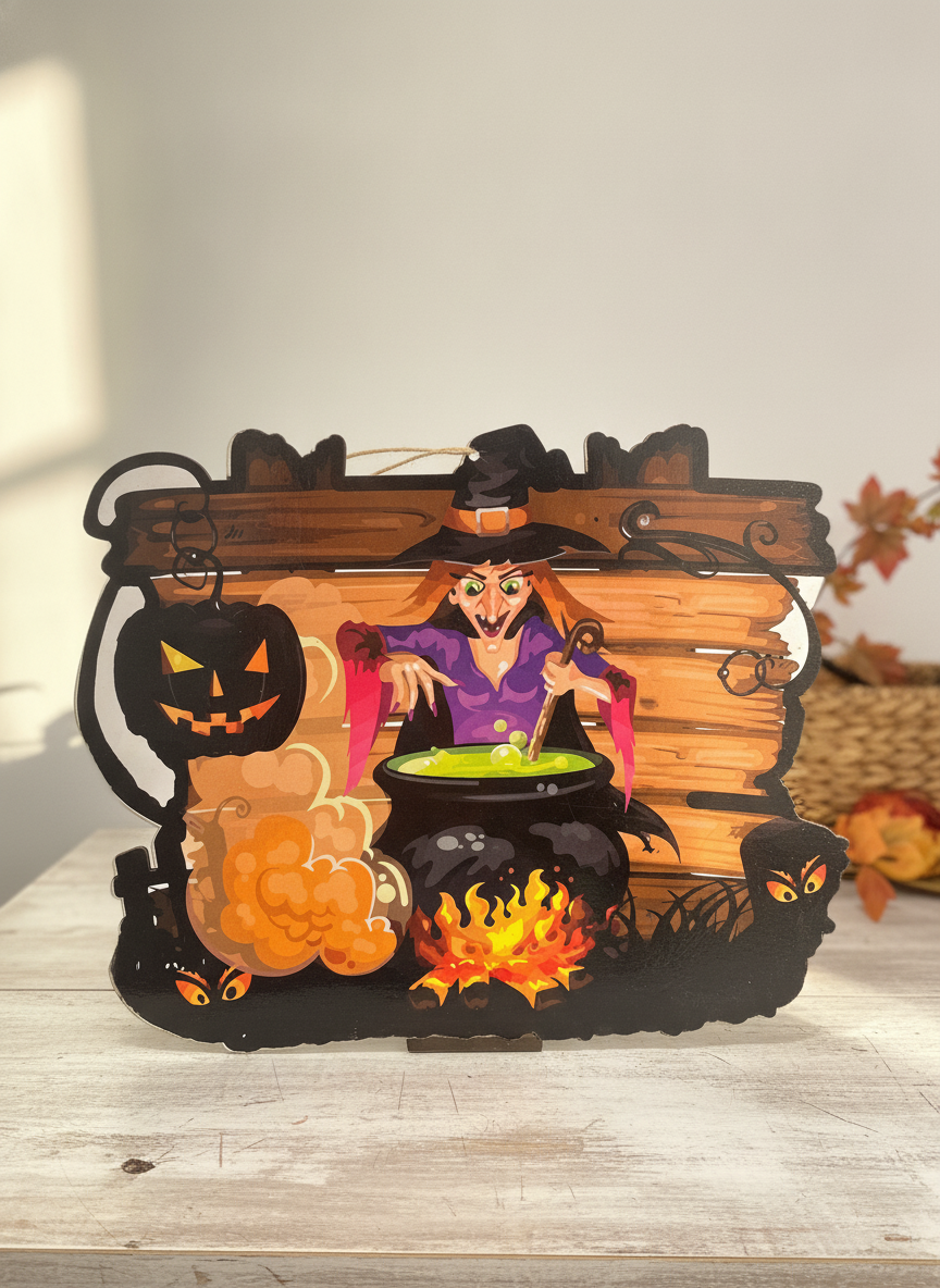 Spooky Witch Cauldron Halloween Hanging Sign