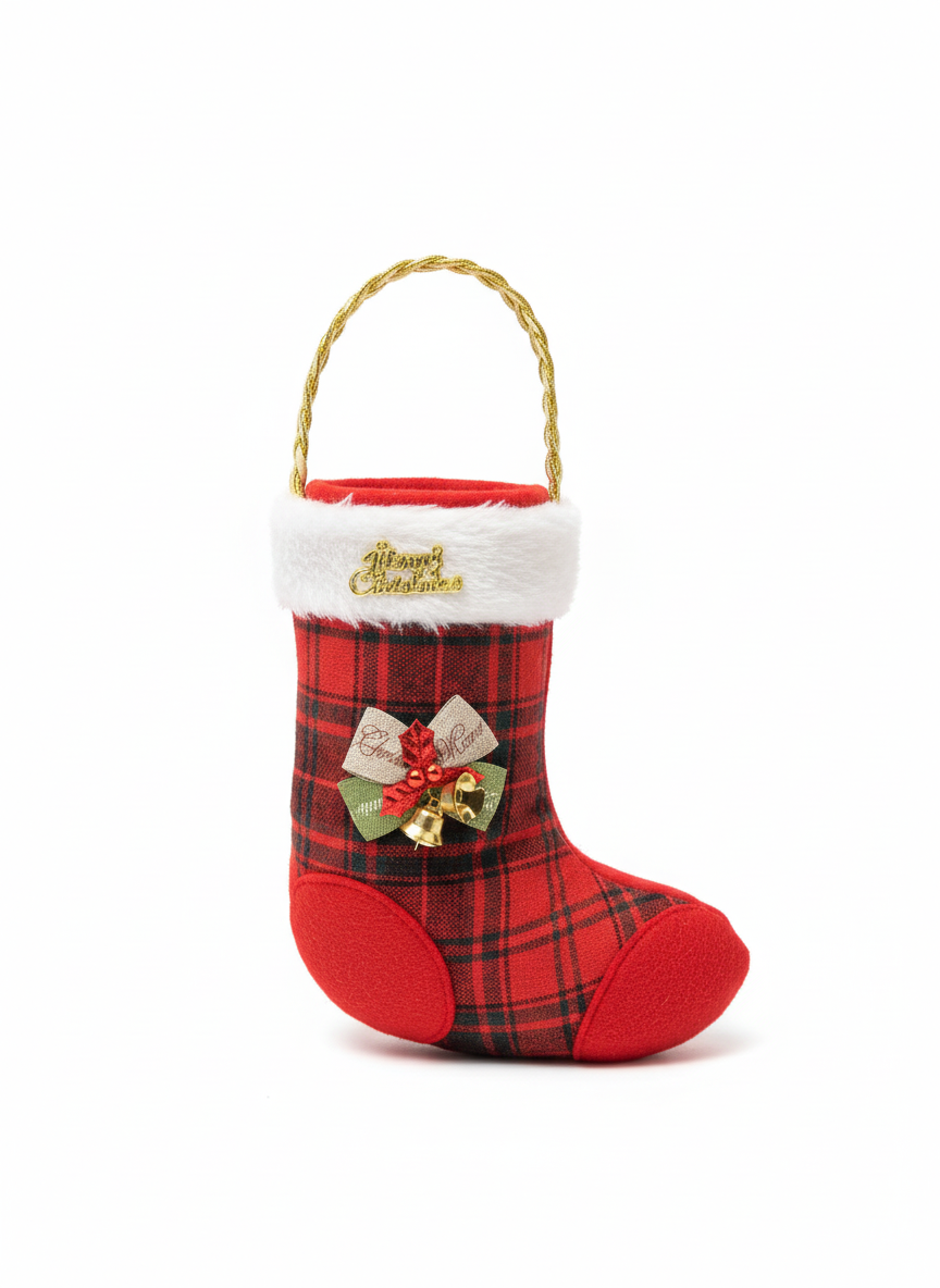 Festive Plaid Christmas Stocking with 'Merry Christmas' Charm & Jingle Bells For Candy