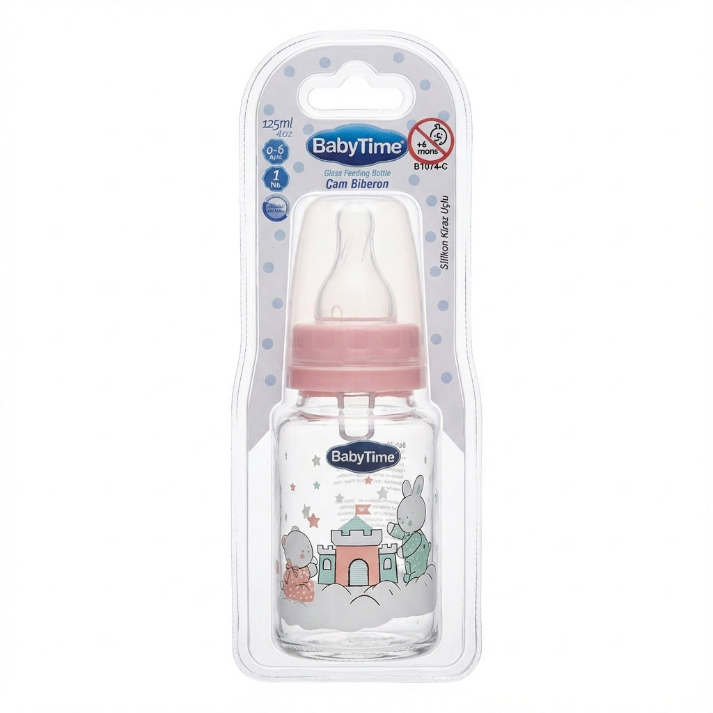 BabyTime Glass Feeding Bottle with Silicone Cherry Nipple, 125ml (0-6 Months)