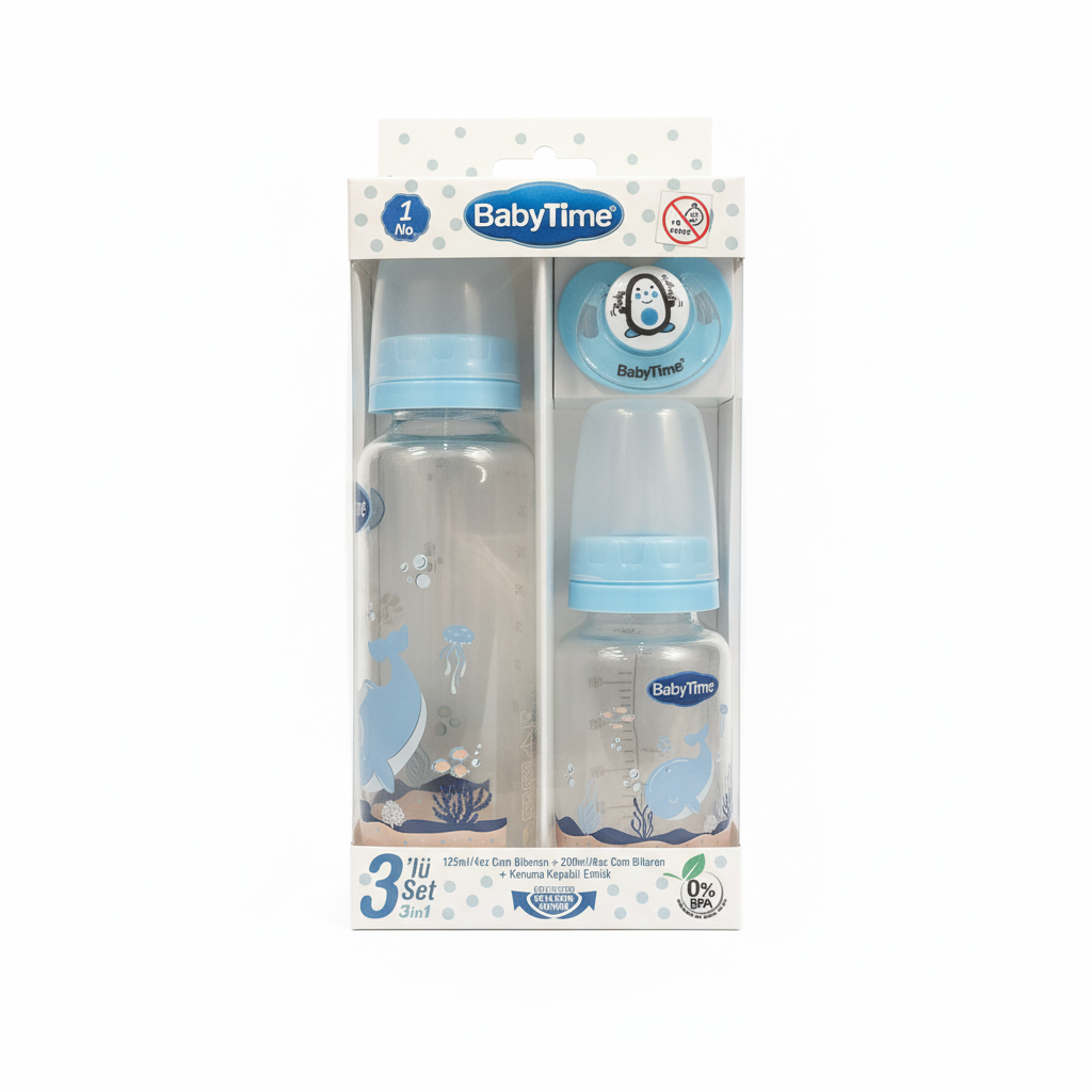 BabyTime 3-in-1 Glass Feeding Bottle and Pacifier Set