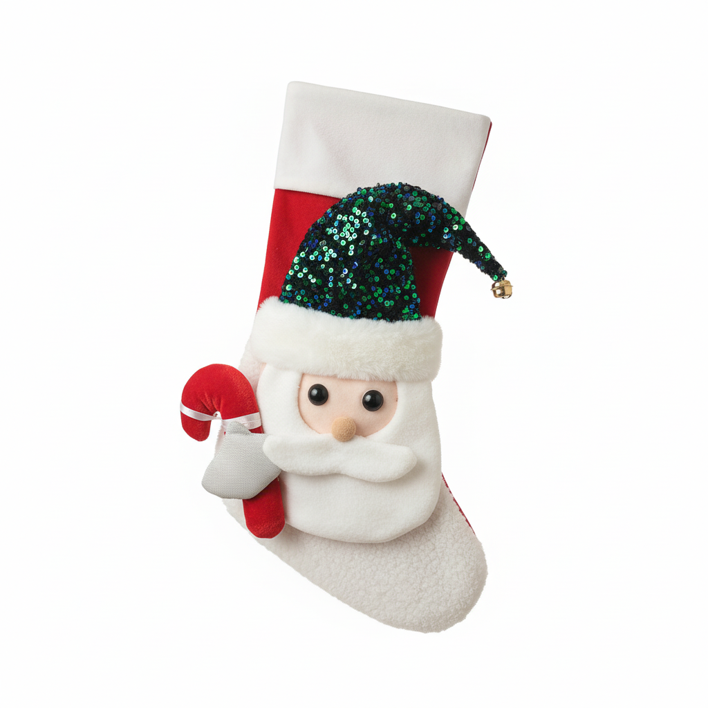Plush Santa Christmas Stocking with Sequin Hat