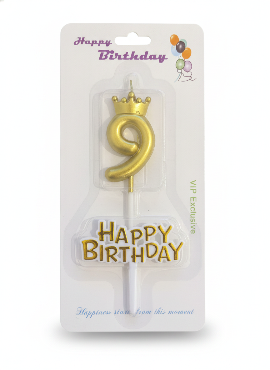 Gold Crown Number 9 & Happy Birthday Candle Set