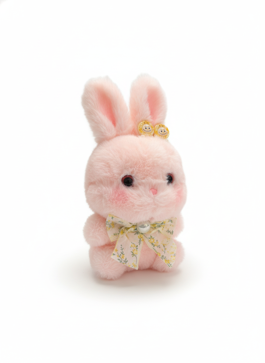 Fluffy Pink Bunny Plush Toy with Floral Bow (20cm)