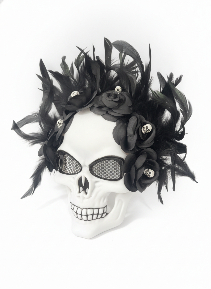 Day of the Dead Skull Mask with Feather & Floral Crown