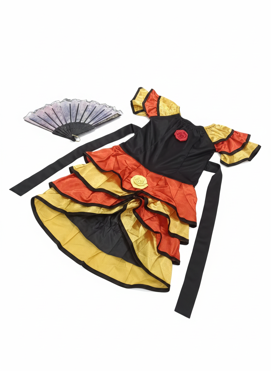 Vibrant Ruffled Dress-Up Spanish Girl Costume with Fan Accessory
