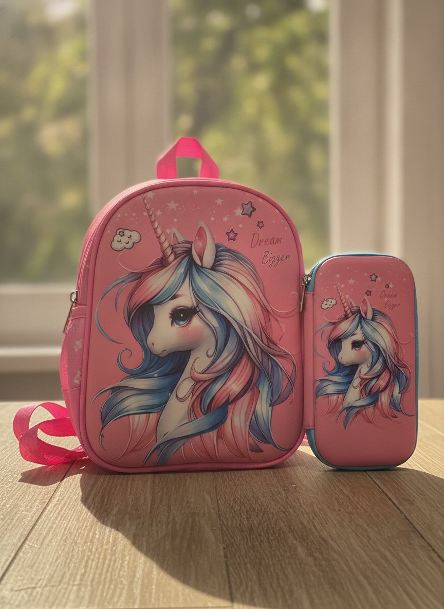 Unicorn 'Dream Bigger' pencil case & launch bag