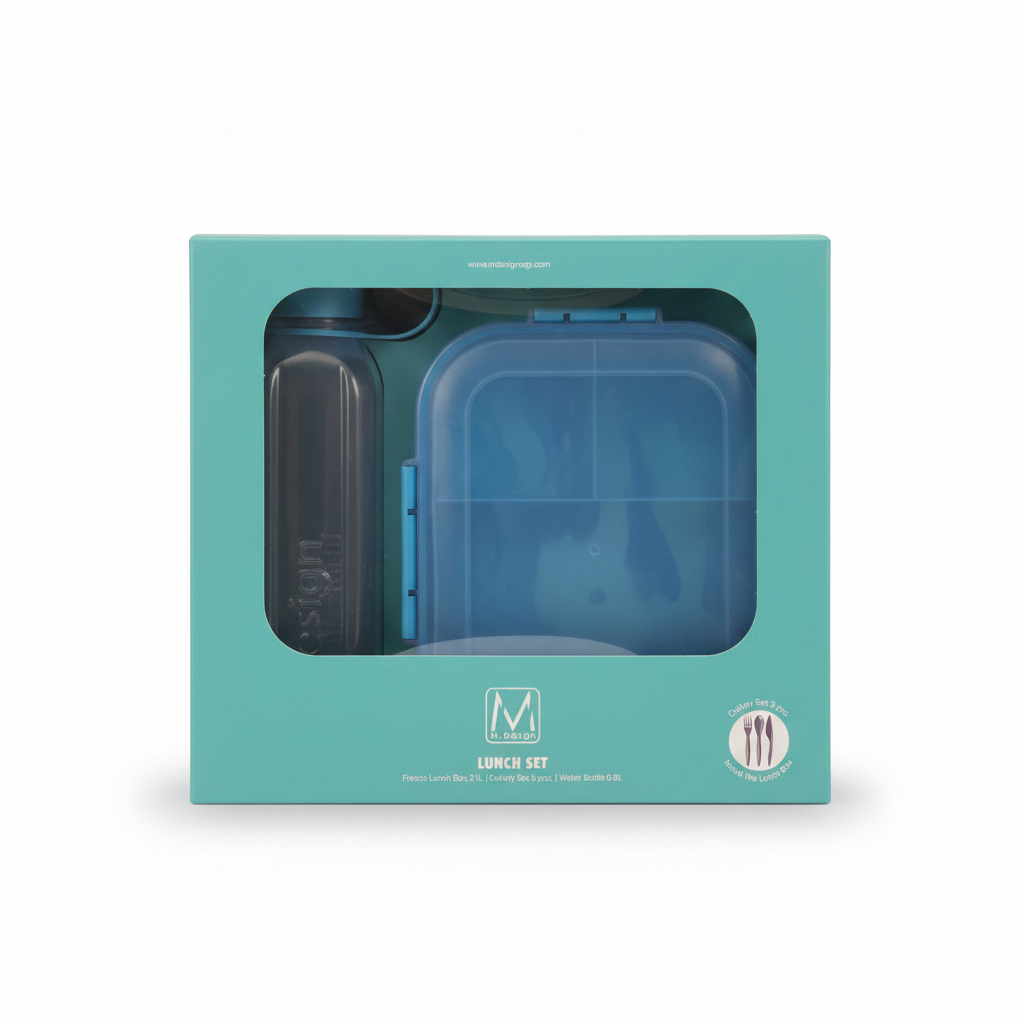 M-Design Lunch Set with Fresco Lunch Box 2.1L, 3-Piece Cutlery Set, and 0.8L Water Bottle