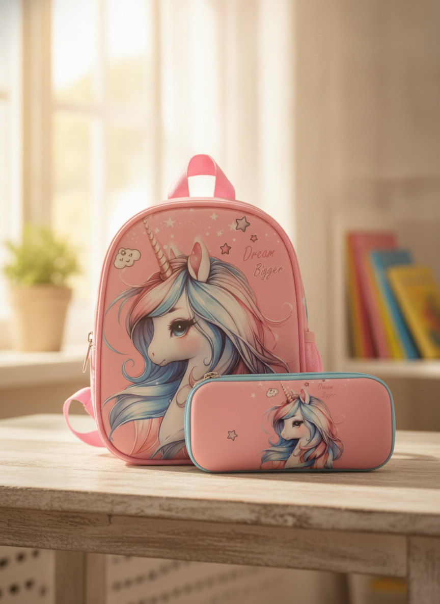 Unicorn 'Dream Bigger' pencil case & launch bag