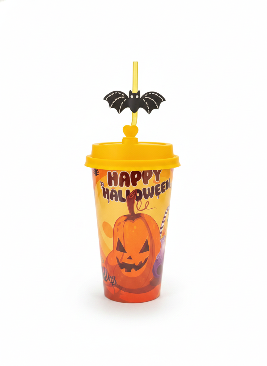 Happy Halloween Jack-O'-Lantern Bat Straw Drink Cup