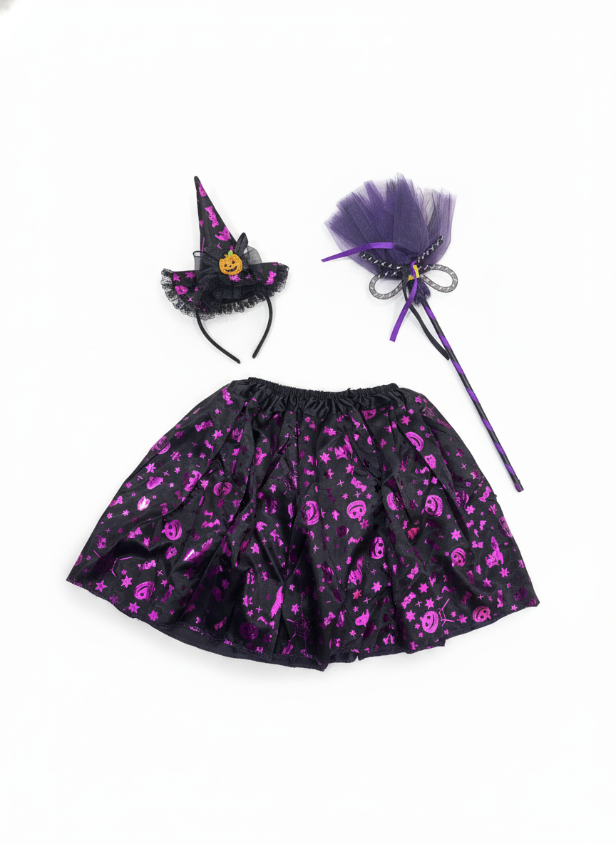Kids Halloween Witch Costume Set (Hat, Skirt, Broom)