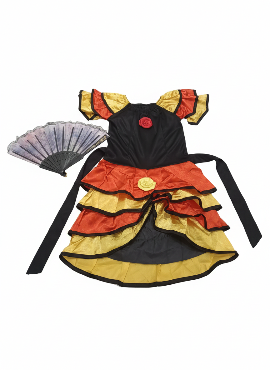 Vibrant Ruffled Dress-Up Spanish Girl Costume with Fan Accessory