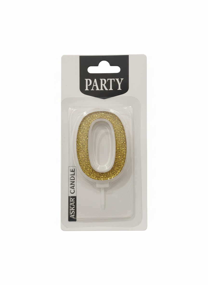 ASKAR CANDLE PARTY Gold Glitter Number 0 Birthday Candle