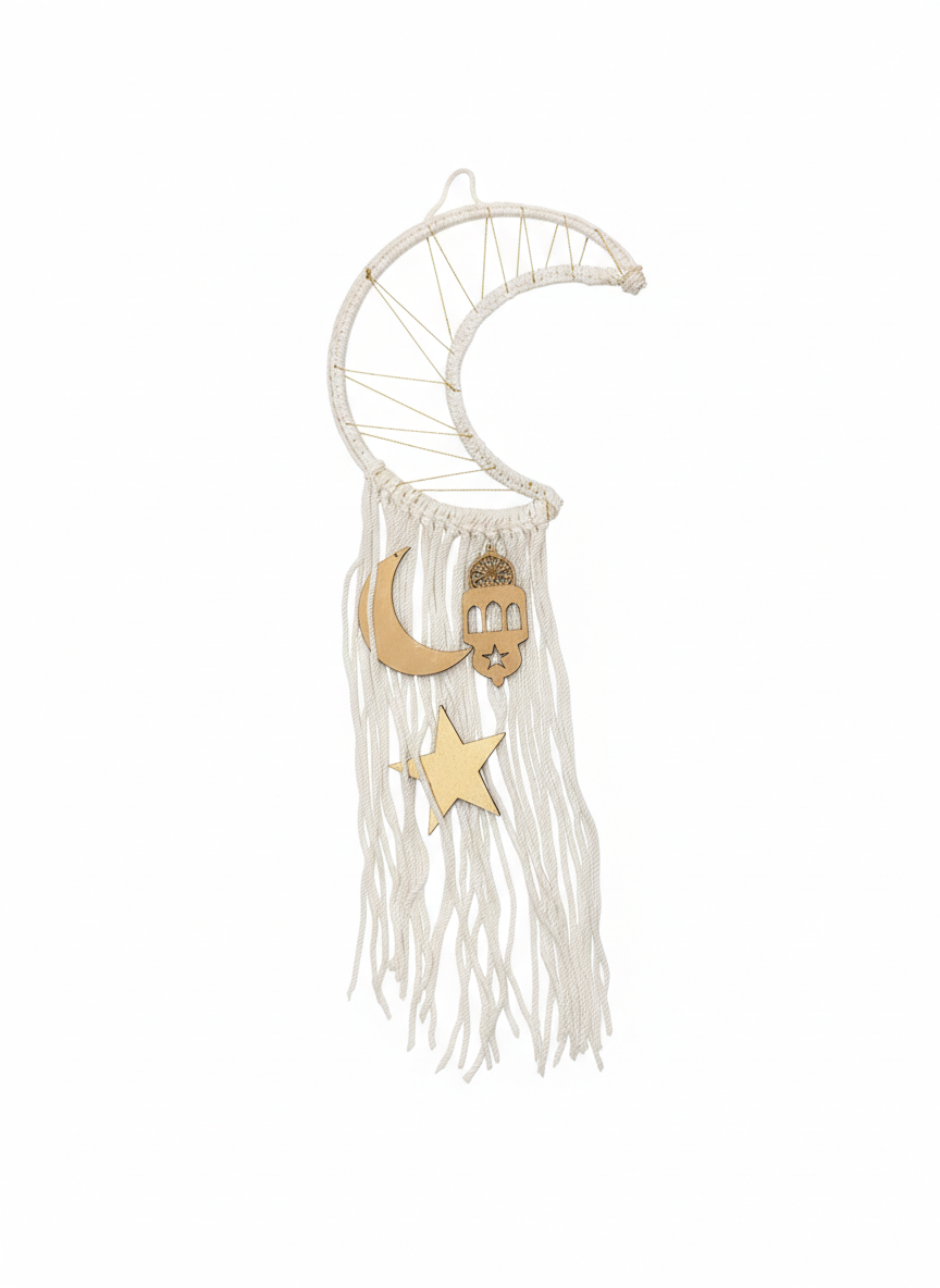 Macrame Crescent Moon Wall Decor with Star & Lantern Charms