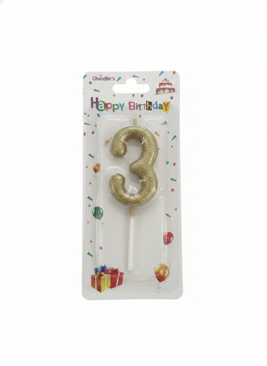 Chandler's Happy Birthday Gold Glitter Number 3 Candle