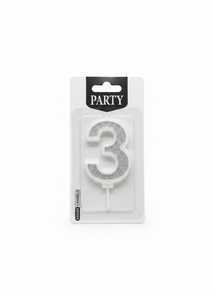 ASKAR CANDELD Party Gold Glitter Number 3 Birthday Candle