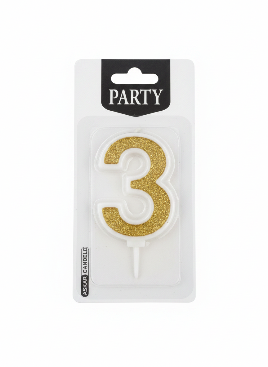 ASKAR CANDELD Party Gold Glitter Number 3 Birthday Candle