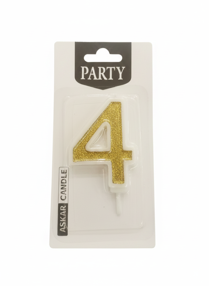 Askar Party Gold Glitter Number 4 Birthday Candle