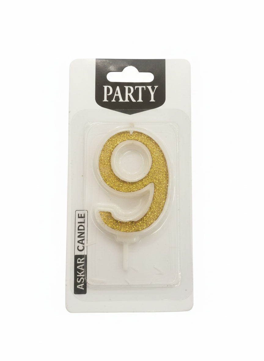 ASKAR CANDLE Gold Glitter Number 9 Party Candle