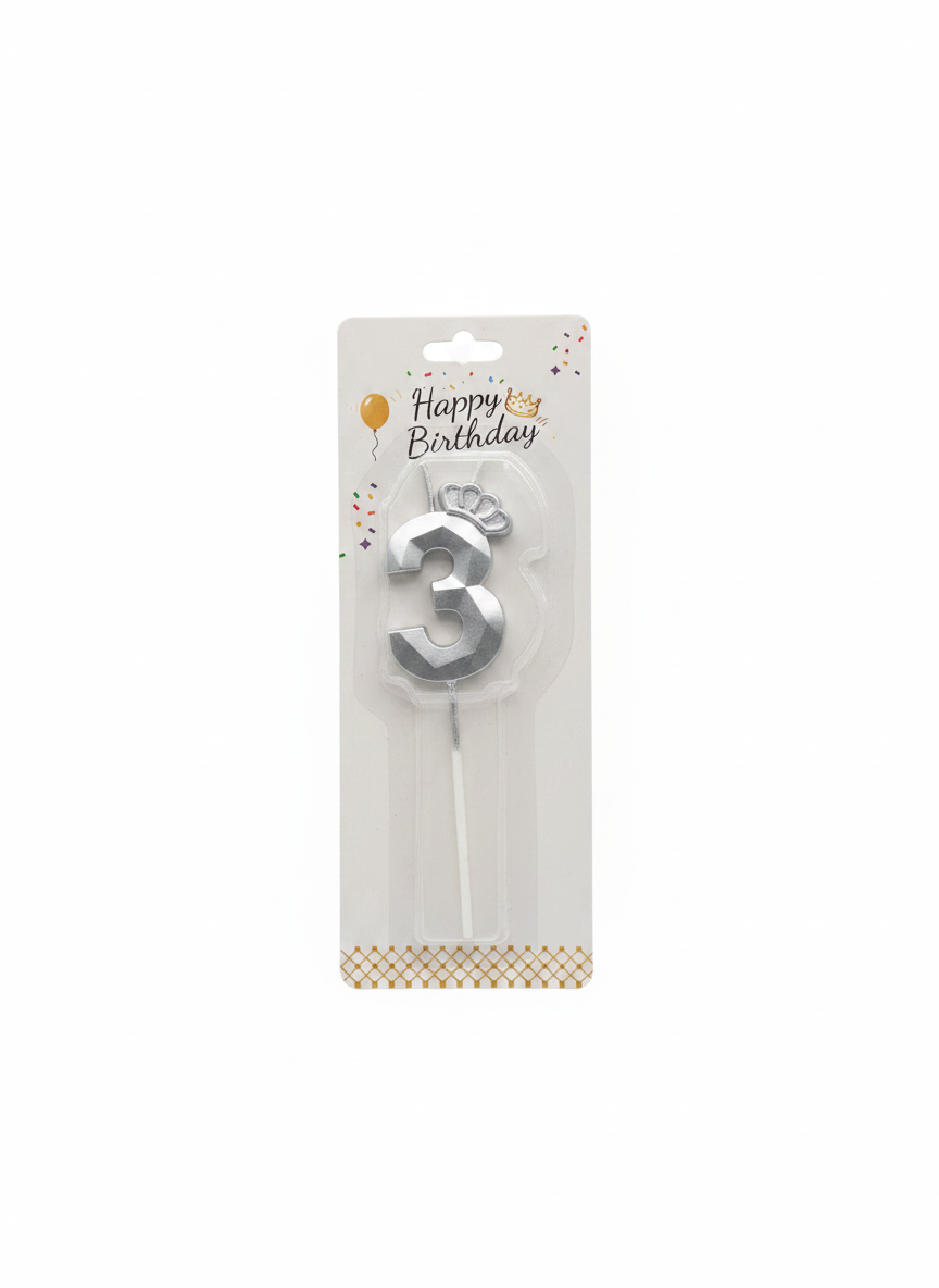 Happy Birthday Silver Number 3 Crown Candle