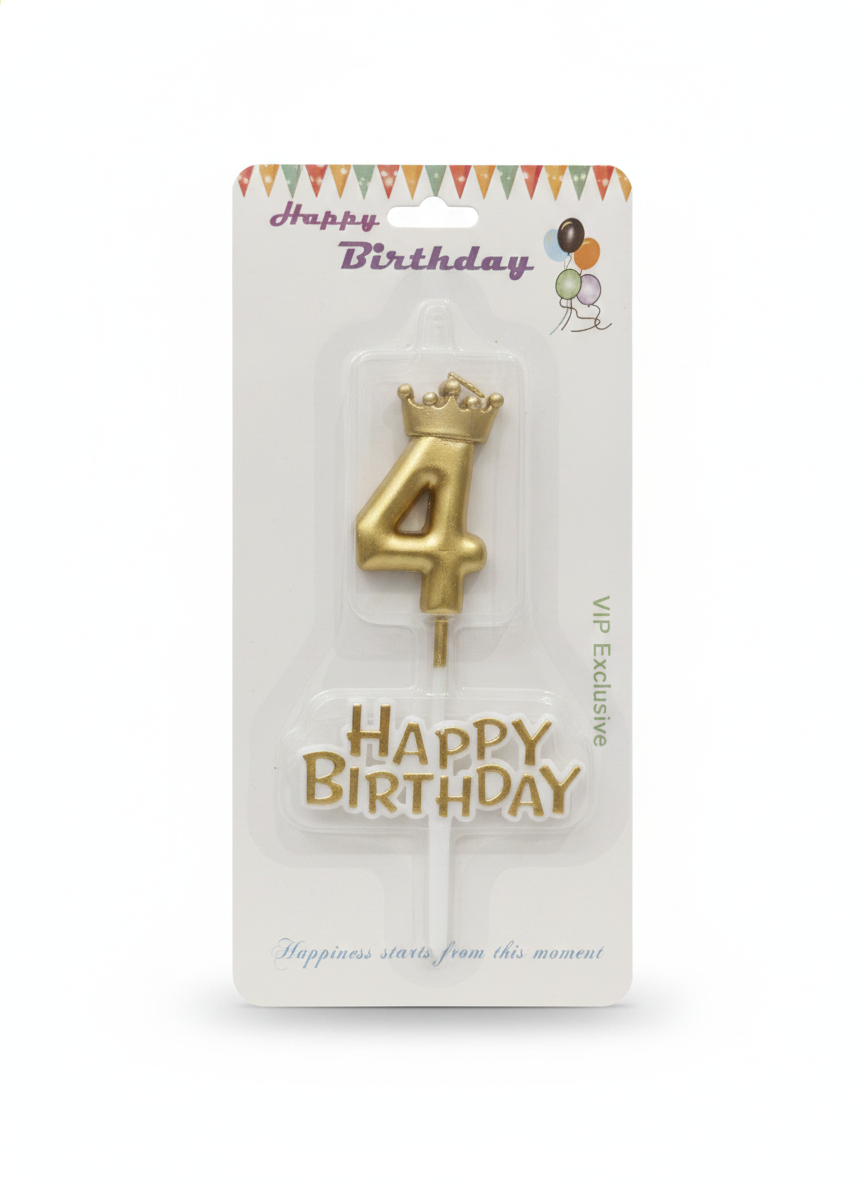 Happy Birthday Gold Number 4 Crown Candle & Topper Set