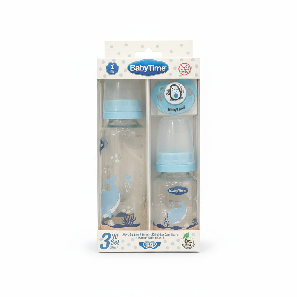 BabyTime 3-in-1 Glass Feeding Bottle and Pacifier Set